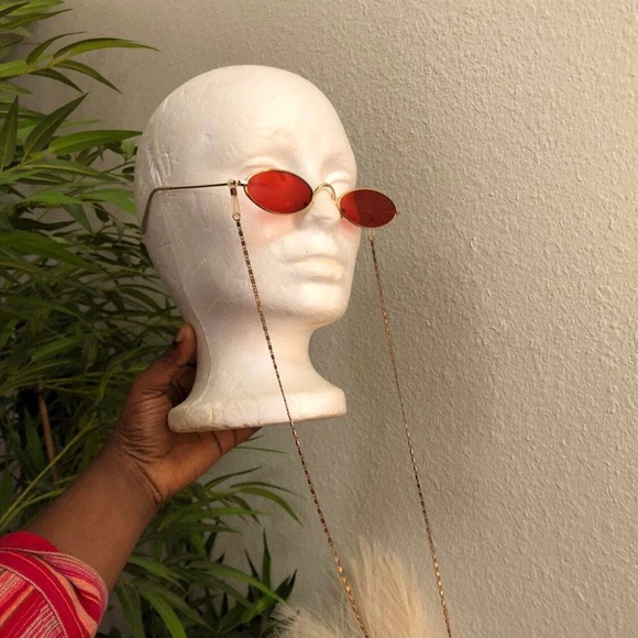 RARE 90s Vintage Retro Red Gold oval round sunglasses with chain-Unisex #hipster main image 5